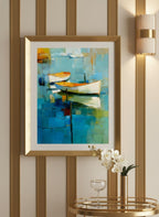 Abstract Coastal Boats Painting art print shown in a art deco geometric setting