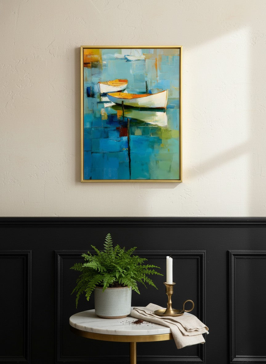 Abstract Coastal Boats Painting art print shown in a black wainscoting gold setting