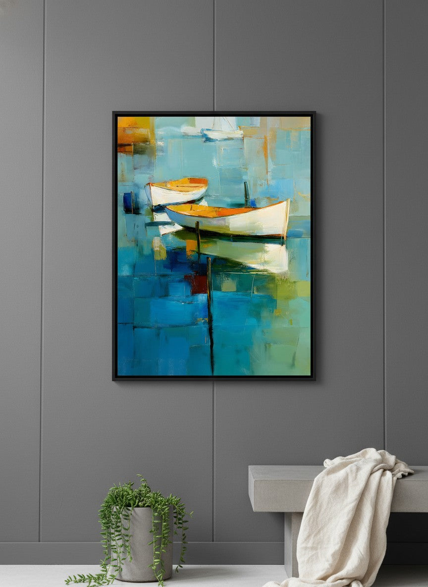 Abstract Coastal Boats Painting art print shown in a charcoal minimal black setting
