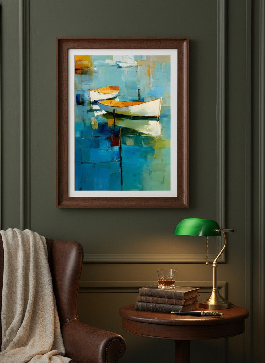 Abstract Coastal Boats Painting art print shown in a dark olive study setting