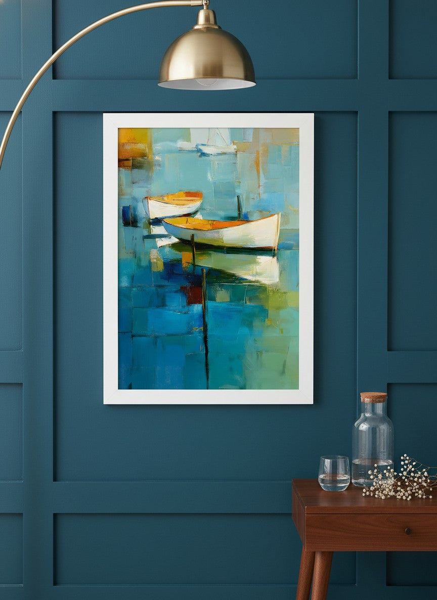 Abstract Coastal Boats Painting art print shown in a deep teal modern setting