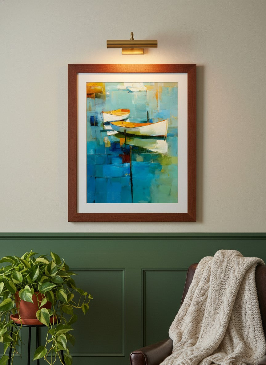 Abstract Coastal Boats Painting art print shown in a forest green walnut setting