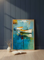 Abstract Coastal Boats Painting art print shown in a navy paneled oak setting