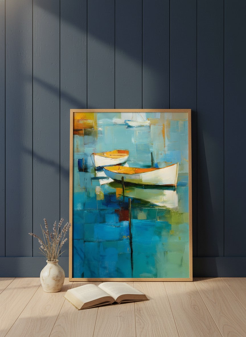 Abstract Coastal Boats Painting art print shown in a navy paneled oak setting
