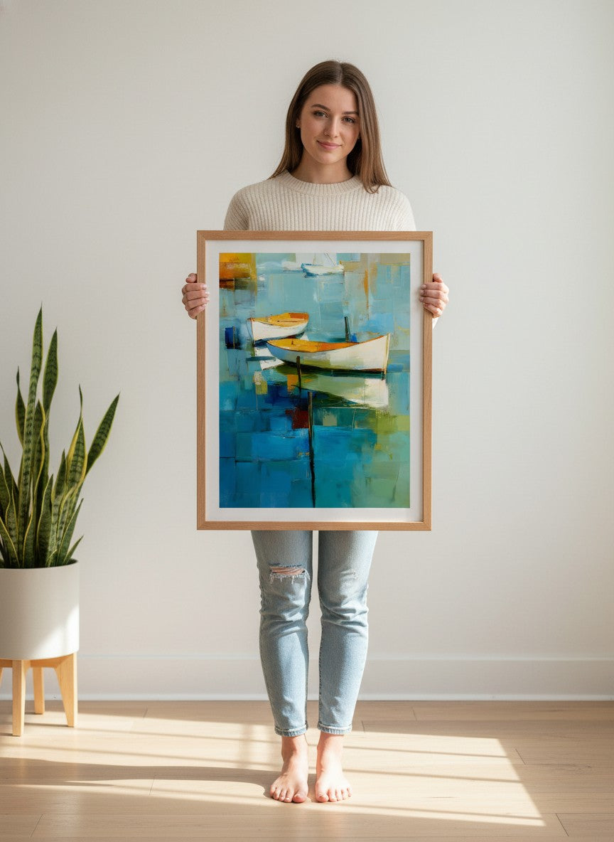 Abstract Coastal Boats Painting art print shown in a person holding bright setting