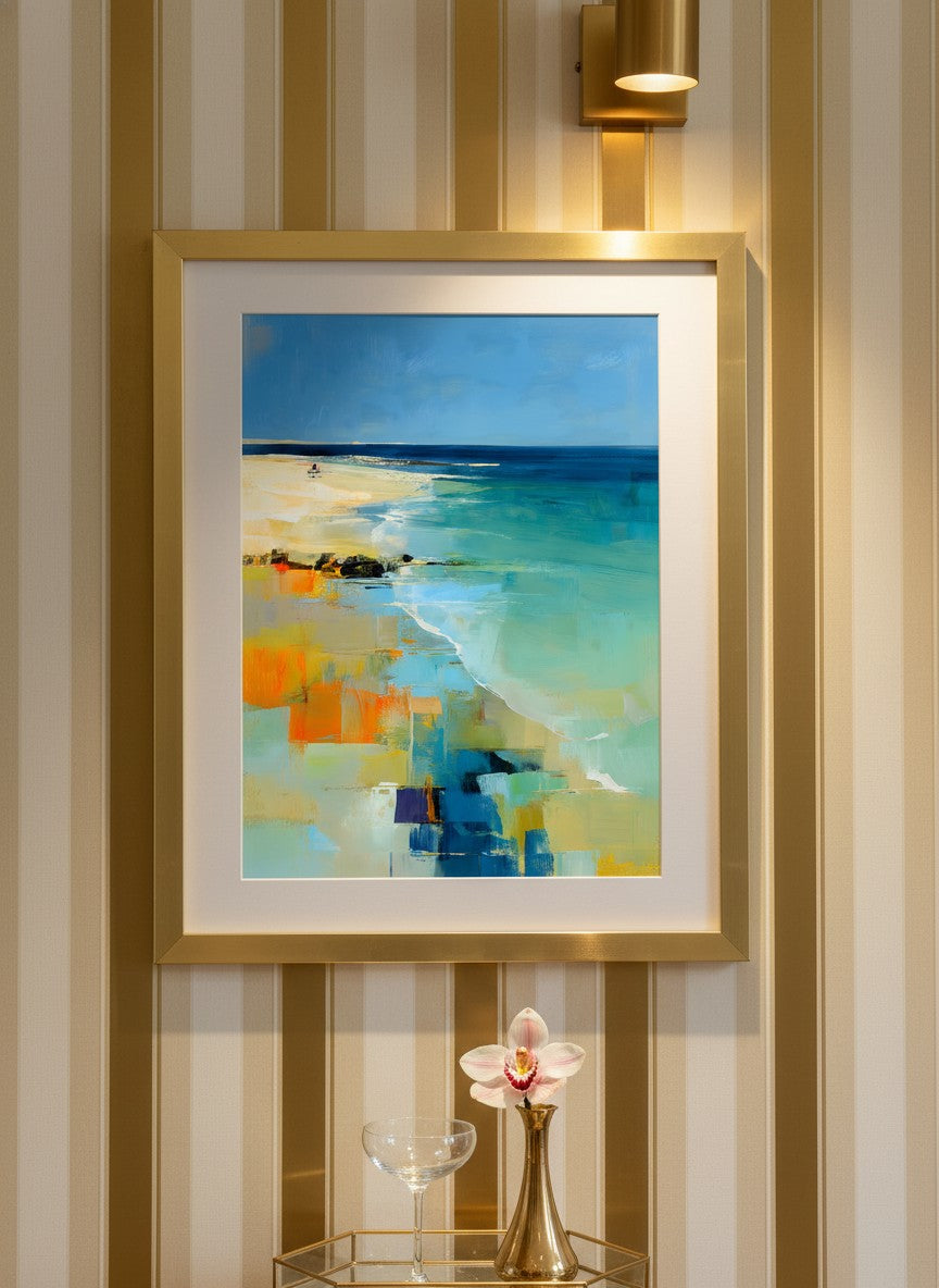 Abstract Coastal Beach Landscape Art art print shown in a art deco geometric setting