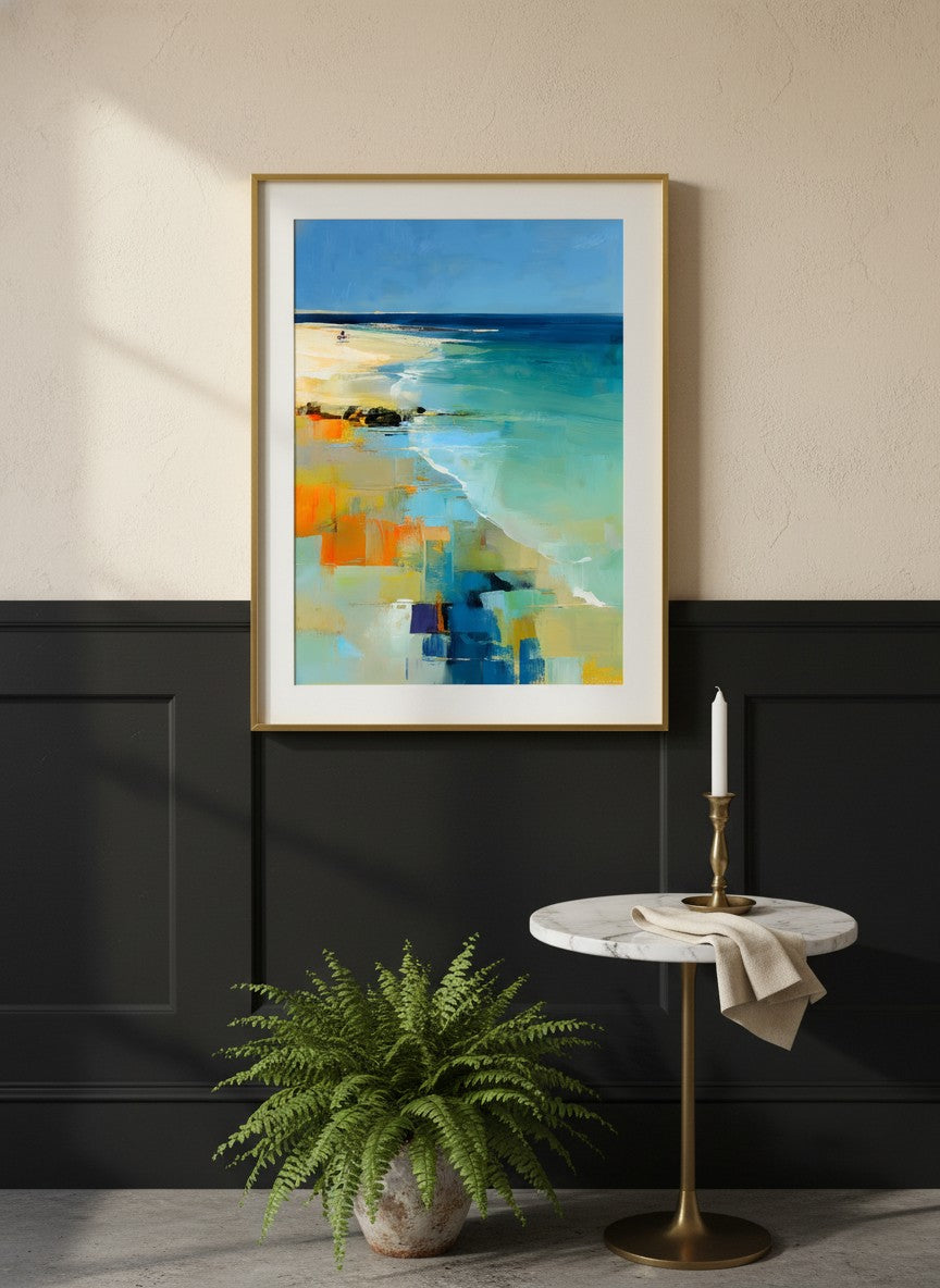 Abstract Coastal Beach Landscape Art art print shown in a black wainscoting gold setting