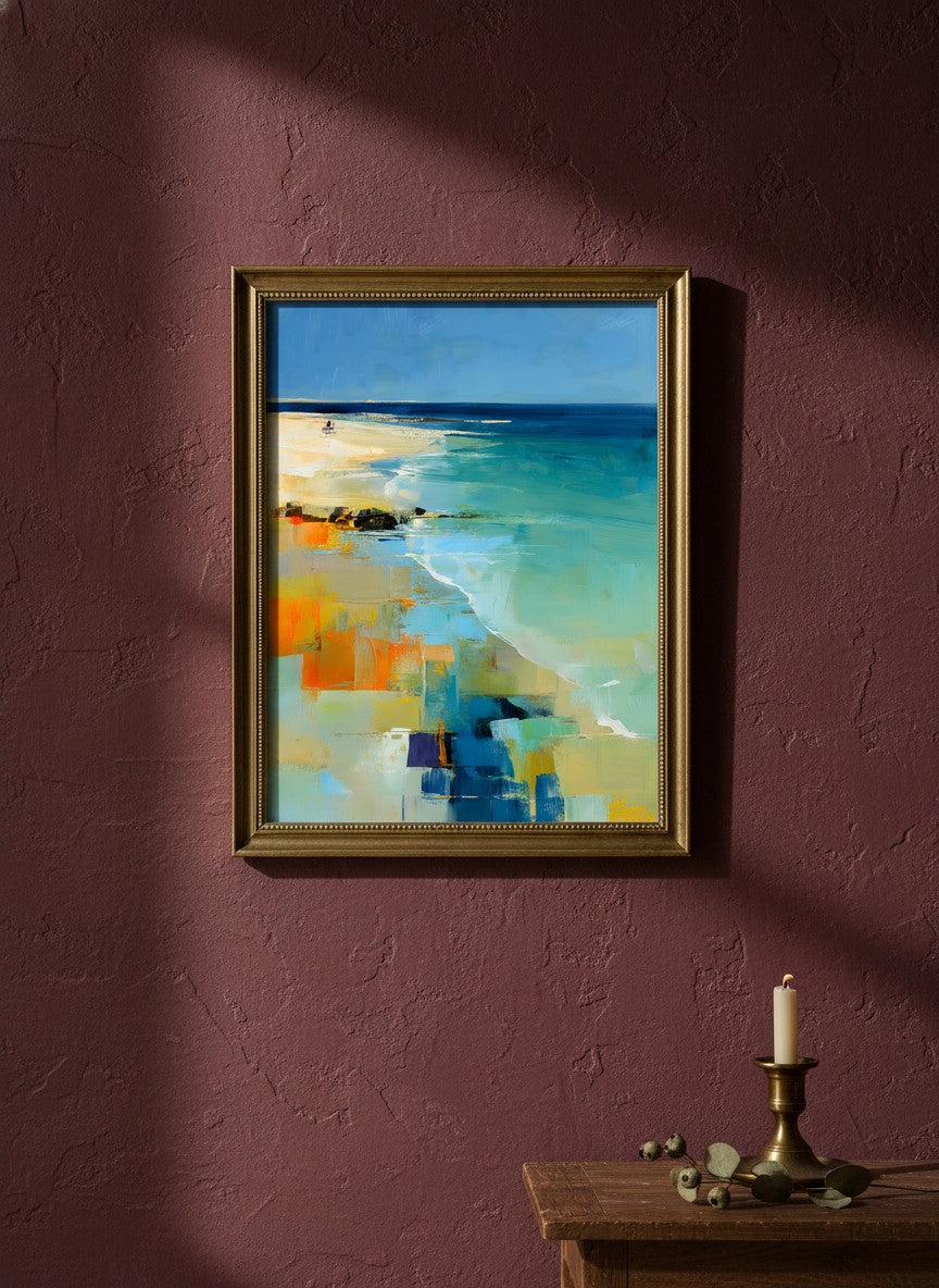 Abstract Coastal Beach Landscape Art art print shown in a burgundy brass setting