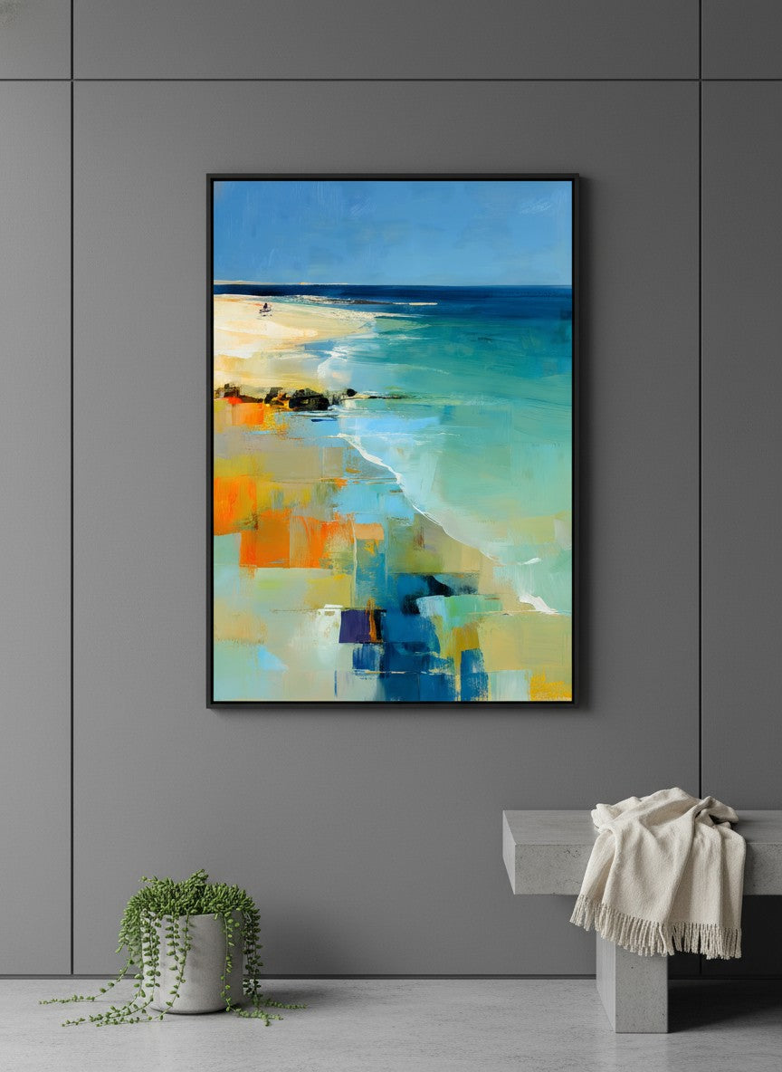 Abstract Coastal Beach Landscape Art art print shown in a charcoal minimal black setting