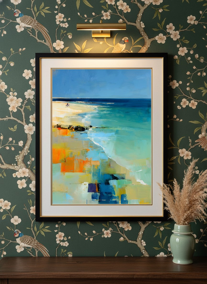 Abstract Coastal Beach Landscape Art art print shown in a chinoiserie moody setting