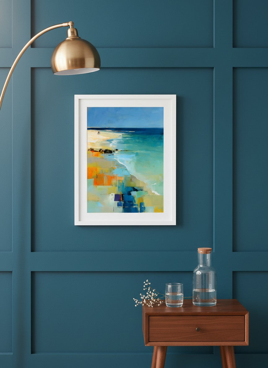 Abstract Coastal Beach Landscape Art art print shown in a deep teal modern setting