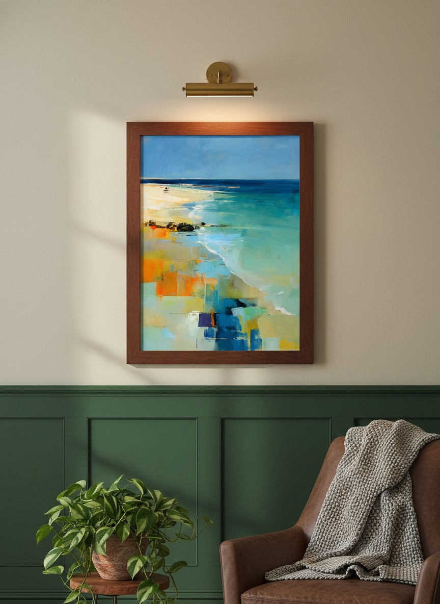 Abstract Coastal Beach Landscape Art art print shown in a forest green walnut setting