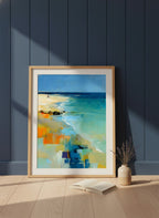 Abstract Coastal Beach Landscape Art art print shown in a navy paneled oak setting