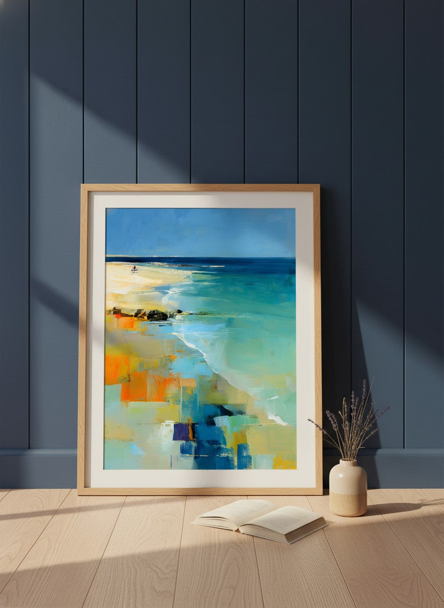 Abstract Coastal Beach Landscape Art art print shown in a navy paneled oak setting