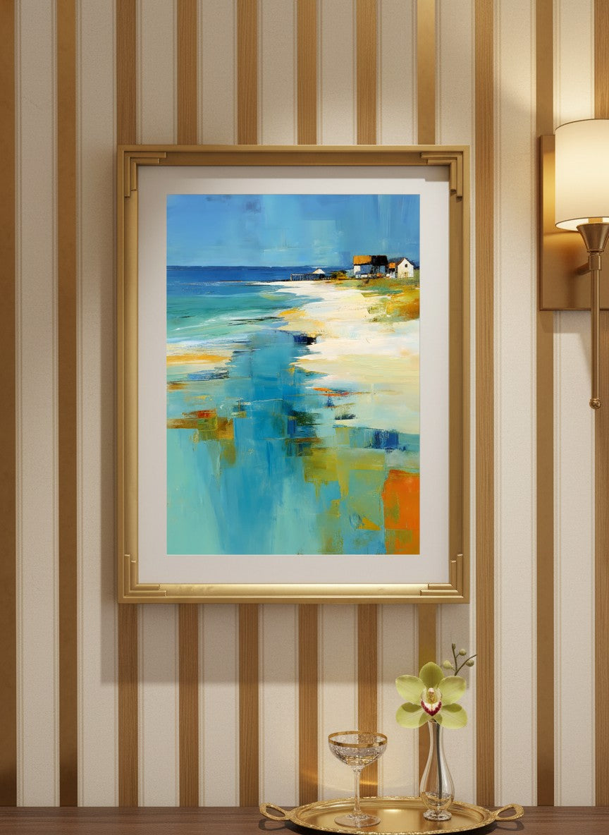 Abstract Coastal Beach House Art art print shown in a art deco geometric setting
