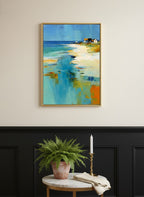 Abstract Coastal Beach House Art art print shown in a black wainscoting gold setting