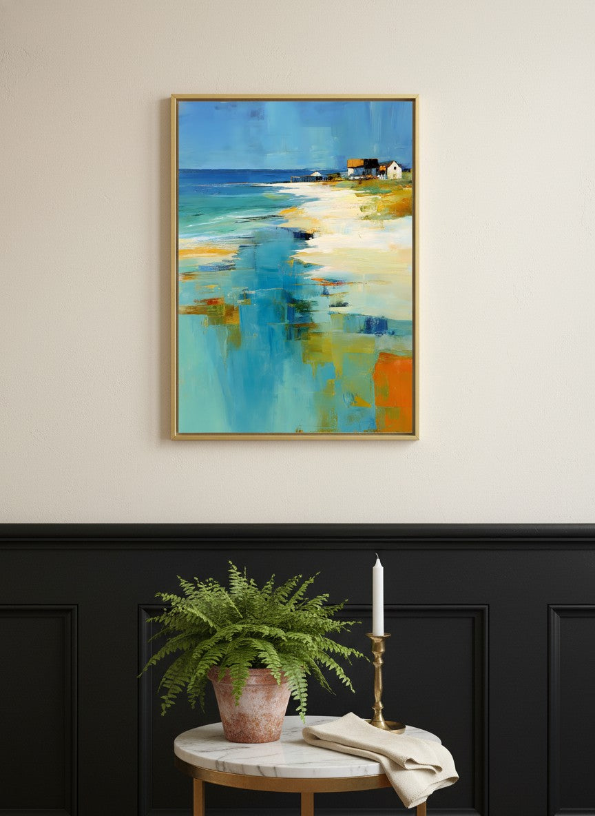Abstract Coastal Beach House Art art print shown in a black wainscoting gold setting