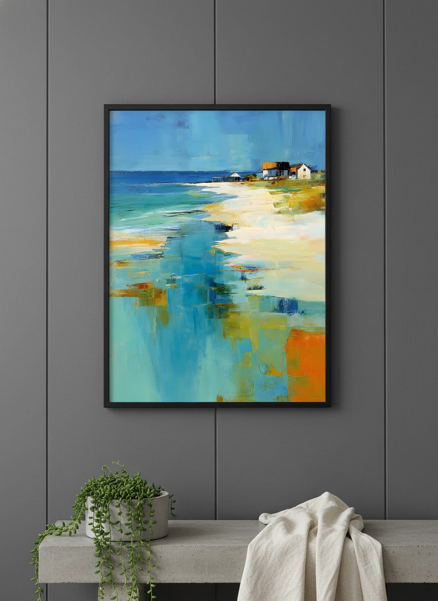 Abstract Coastal Beach House Art art print shown in a charcoal minimal black setting