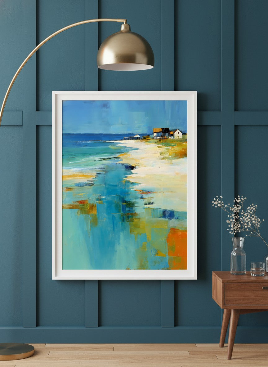 Abstract Coastal Beach House Art art print shown in a deep teal modern setting