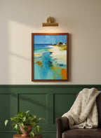 Abstract Coastal Beach House Art art print shown in a forest green walnut setting