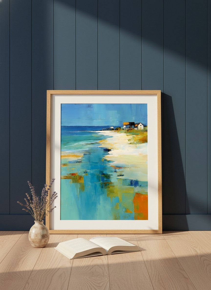 Abstract Coastal Beach House Art art print shown in a navy paneled oak setting