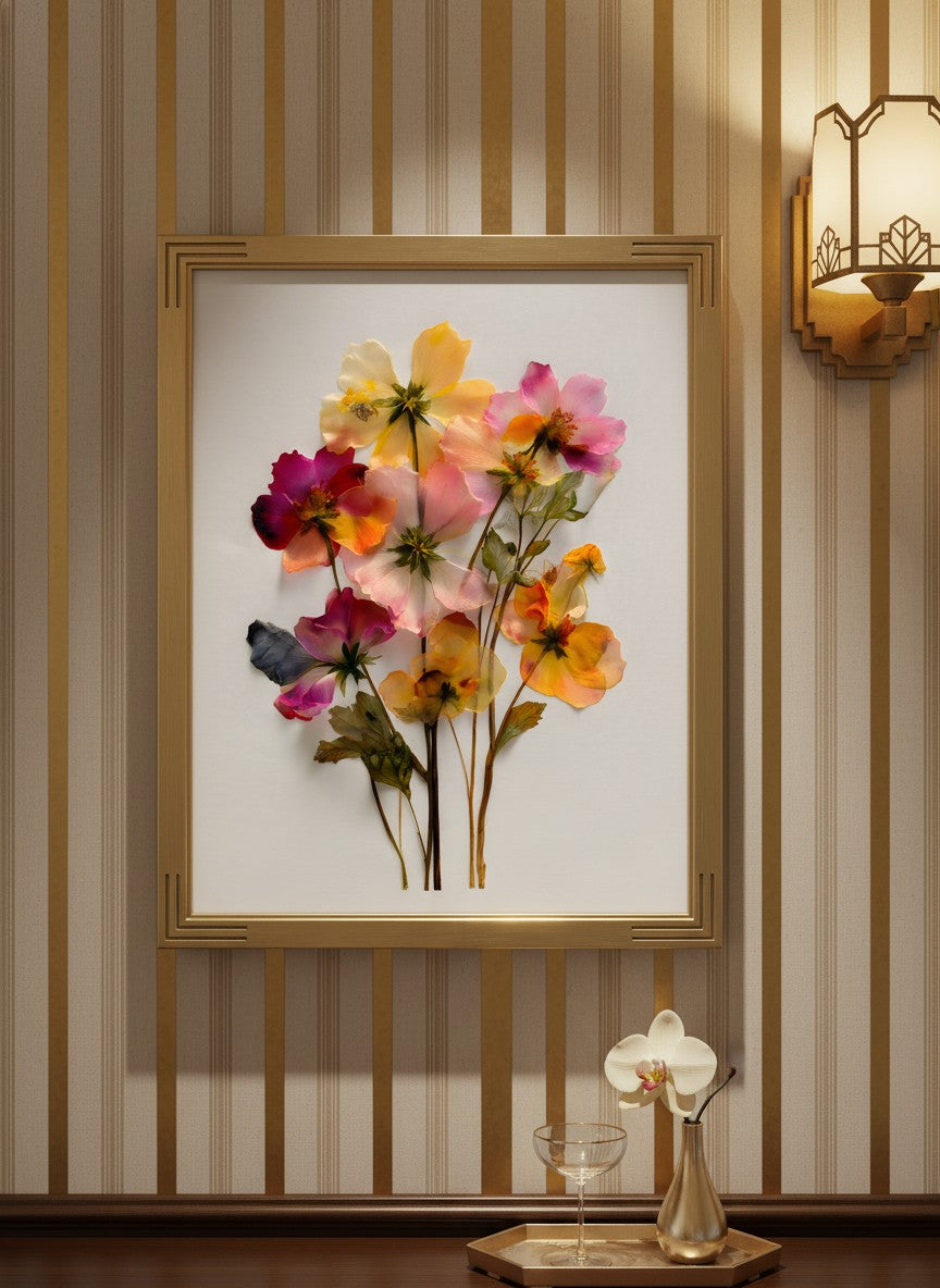 Pressed Wildflower Botanical Art art print shown in a art deco geometric setting