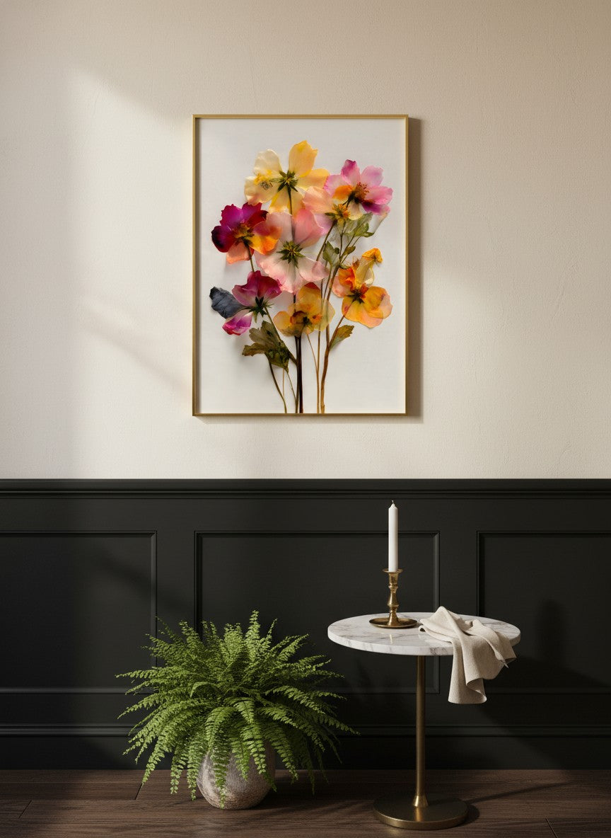 Pressed Wildflower Botanical Art art print shown in a black wainscoting gold setting
