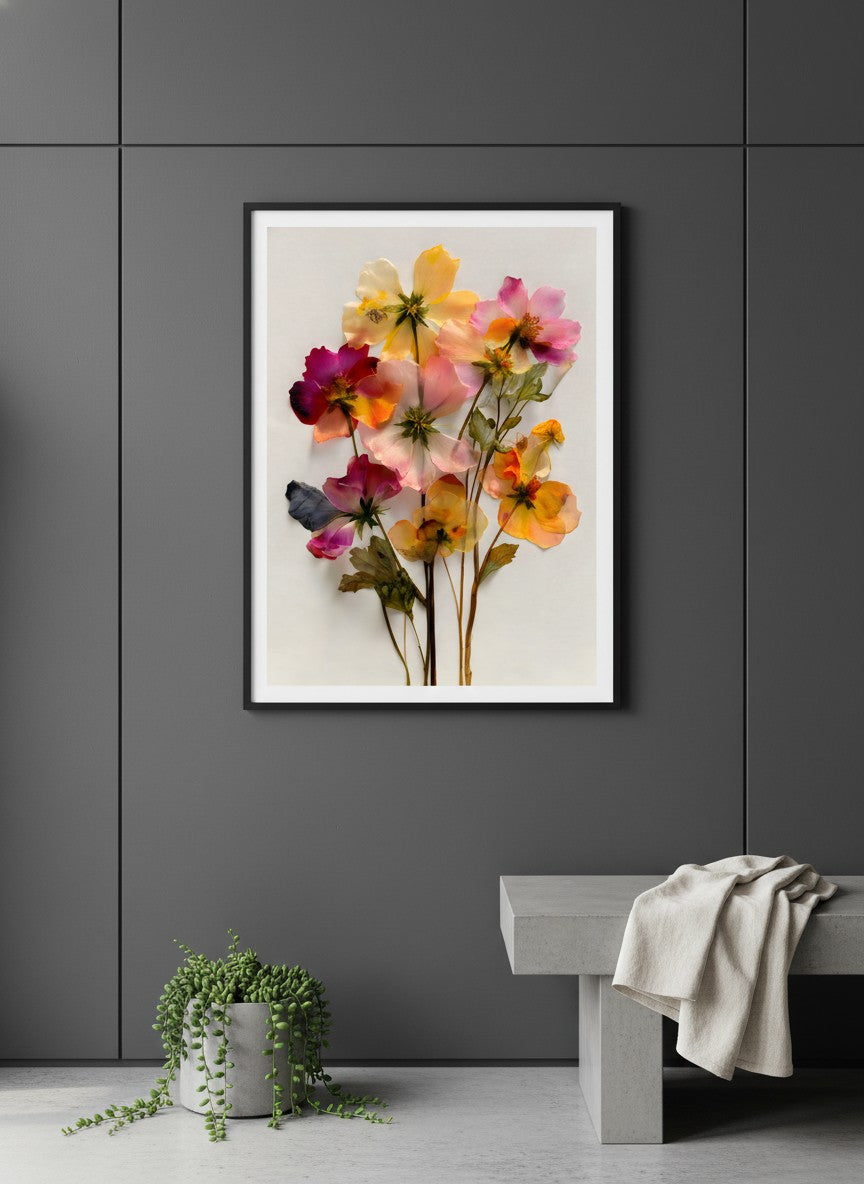 Pressed Wildflower Botanical Art art print shown in a charcoal minimal black setting