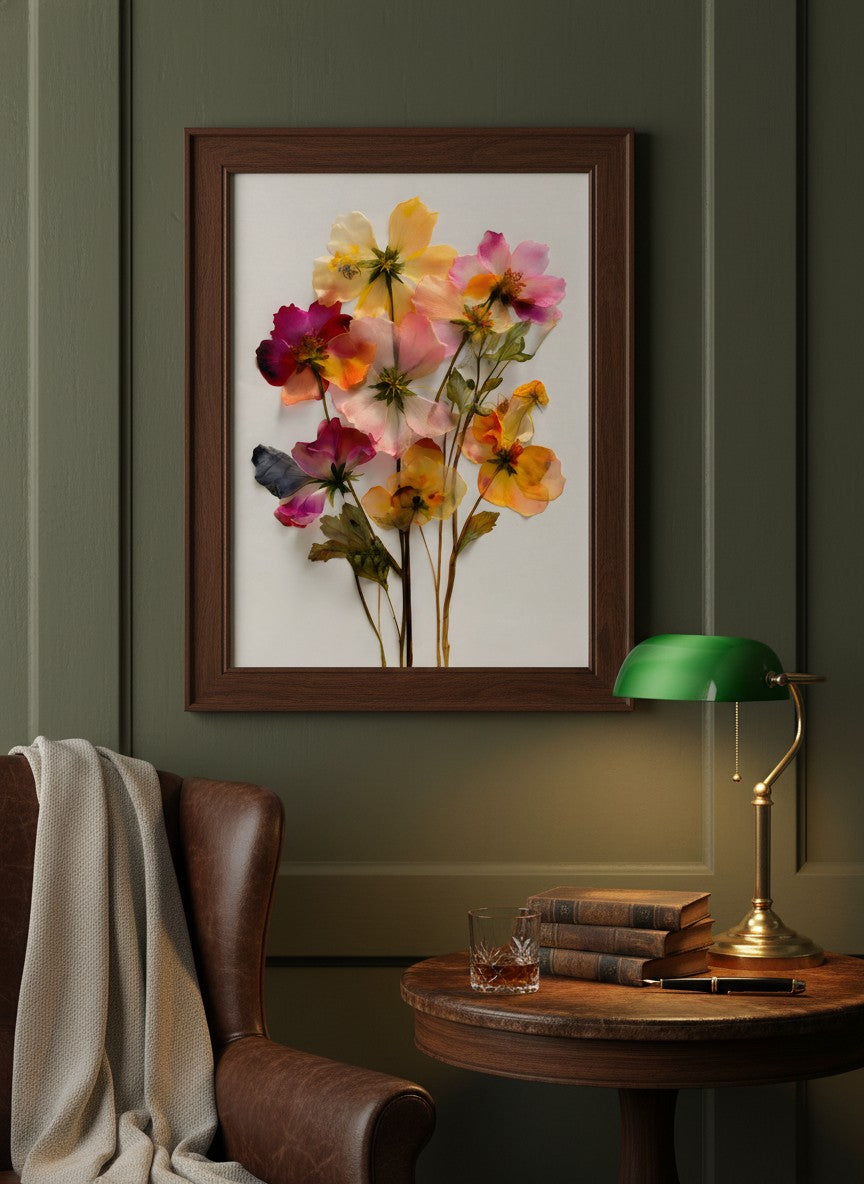 Pressed Wildflower Botanical Art art print shown in a dark olive study setting