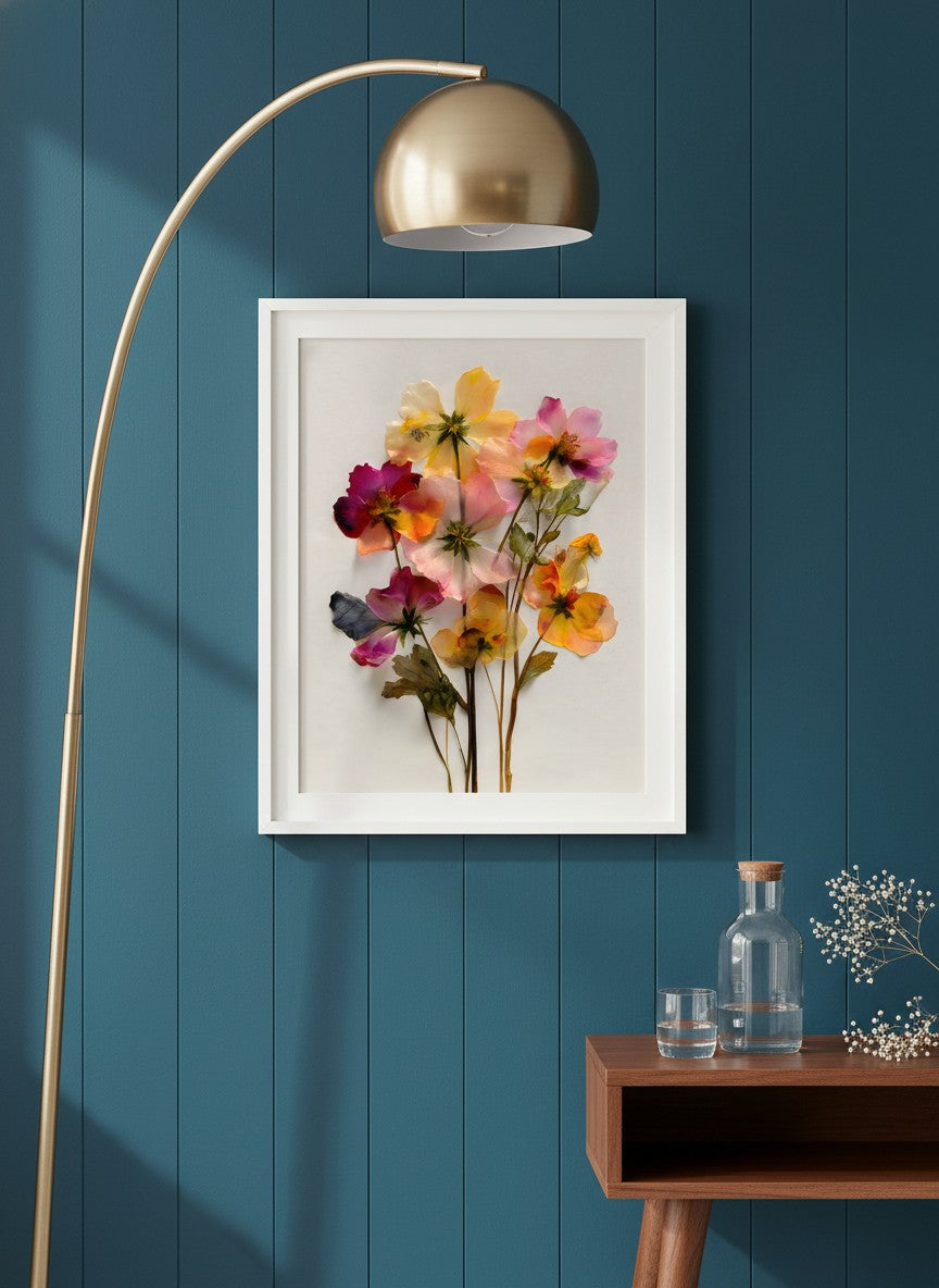 Pressed Wildflower Botanical Art art print shown in a deep teal modern setting