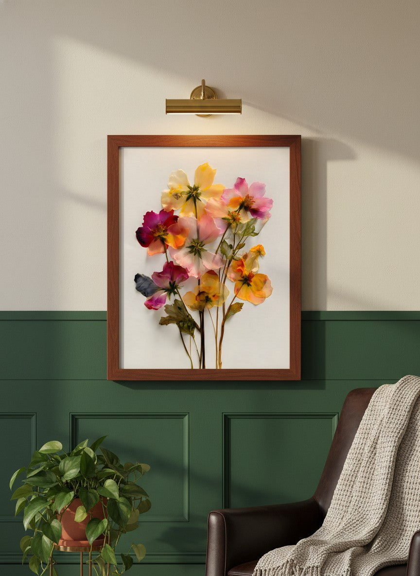 Pressed Wildflower Botanical Art art print shown in a forest green walnut setting