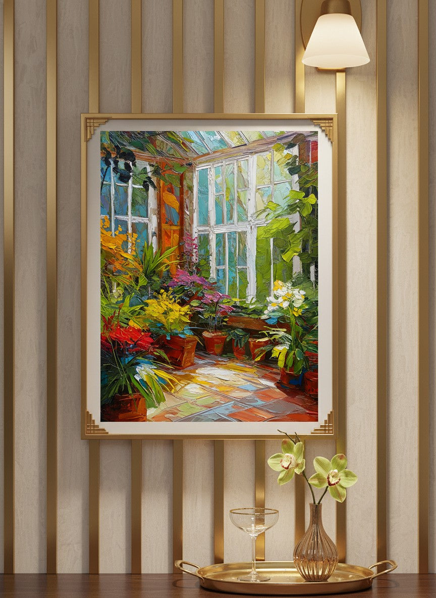 Colorful Greenhouse Conservatory Painting art print shown in a art deco geometric setting