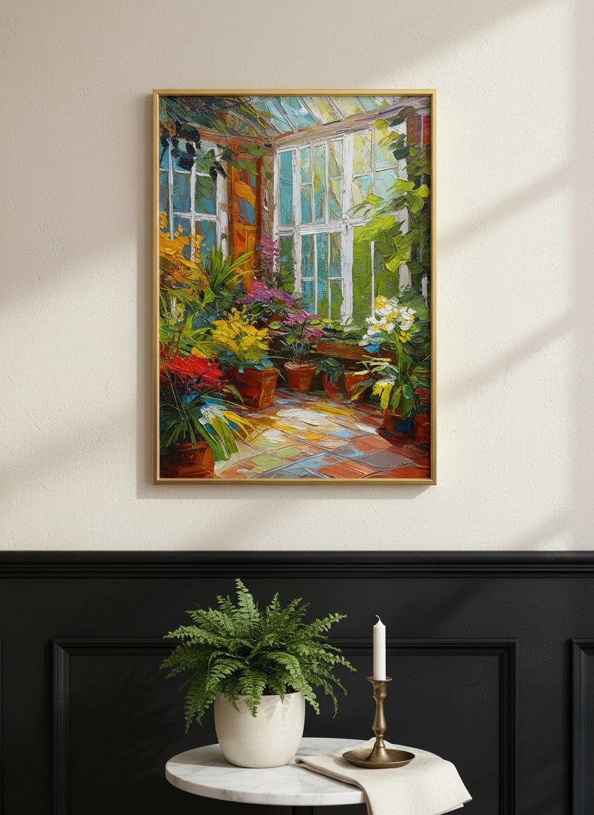 Colorful Greenhouse Conservatory Painting art print shown in a black wainscoting gold setting