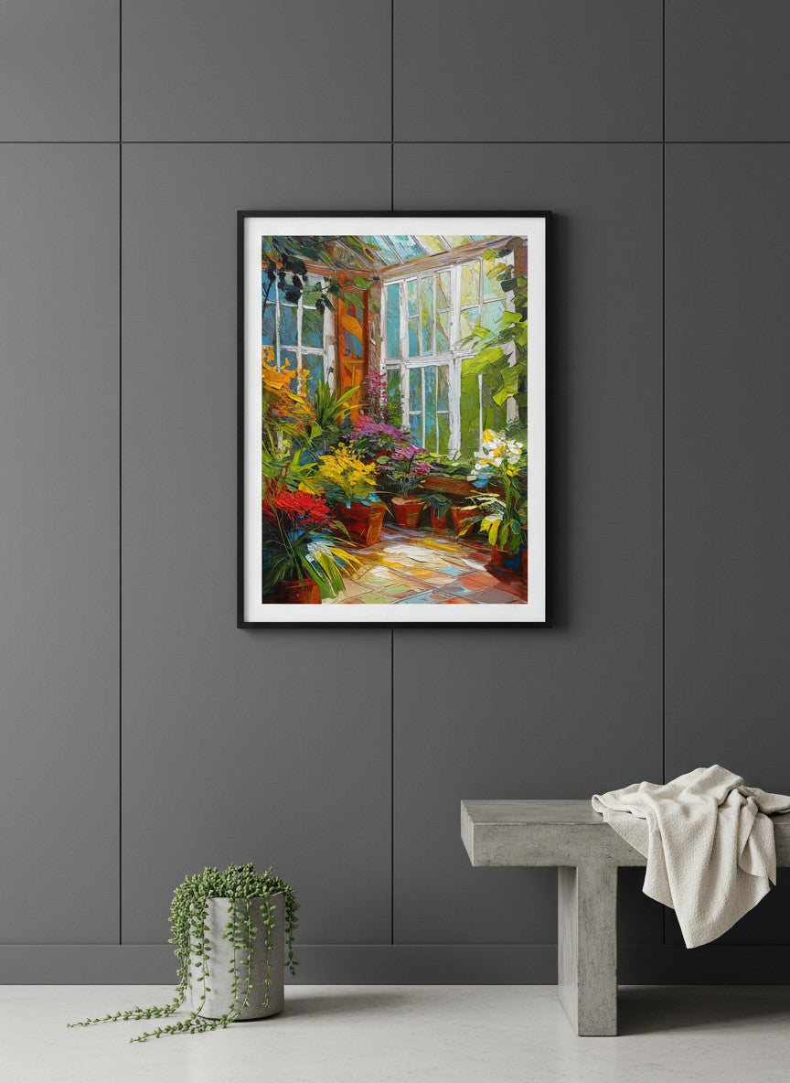 Colorful Greenhouse Conservatory Painting art print shown in a charcoal minimal black setting