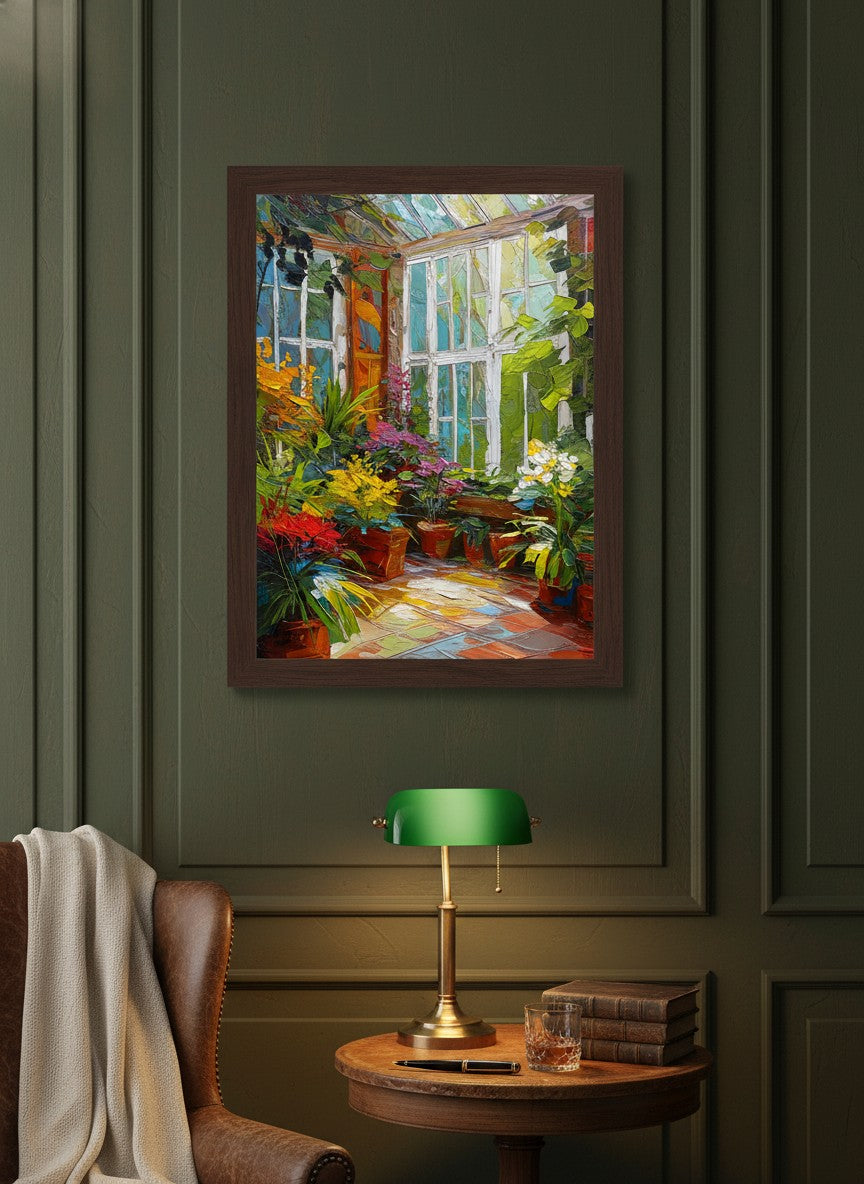 Colorful Greenhouse Conservatory Painting art print shown in a dark olive study setting