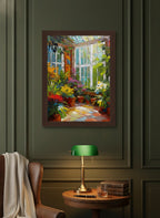 Colorful Greenhouse Conservatory Painting art print shown in a dark olive study setting