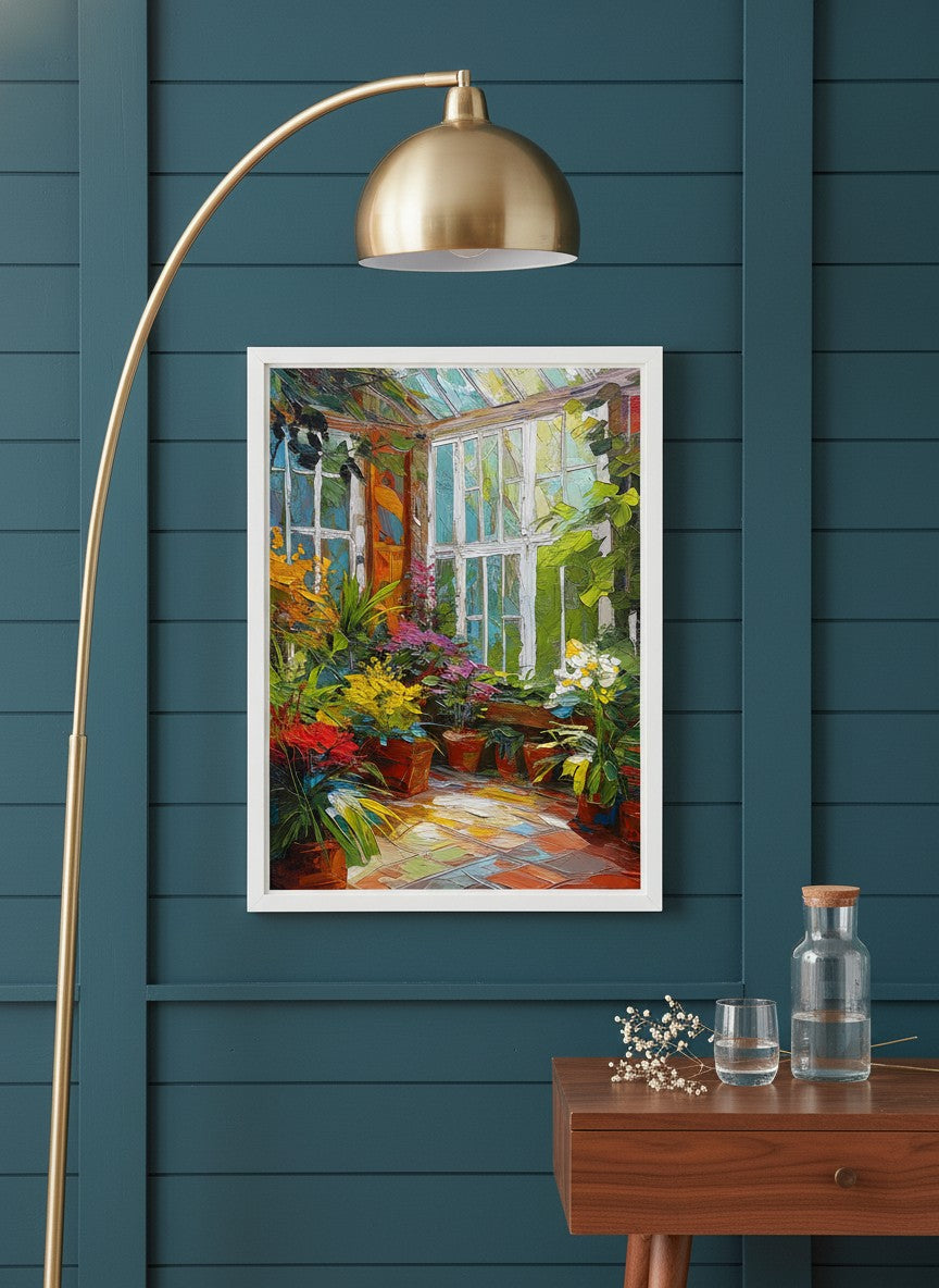 Colorful Greenhouse Conservatory Painting art print shown in a deep teal modern setting