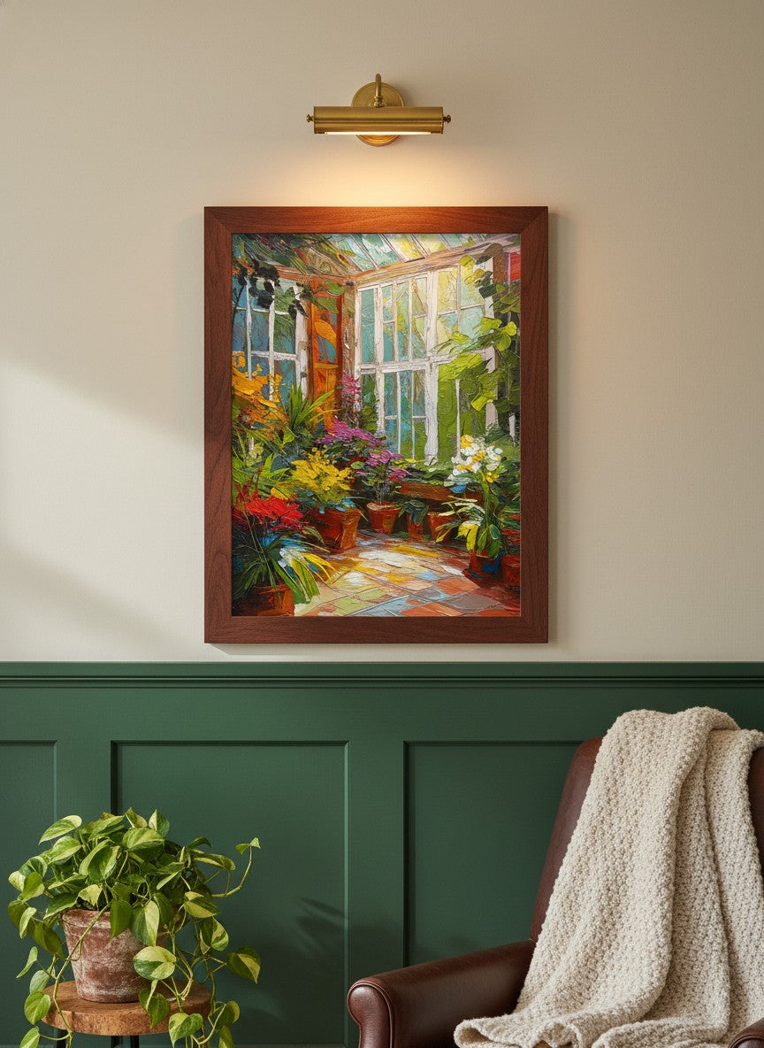 Colorful Greenhouse Conservatory Painting art print shown in a forest green walnut setting