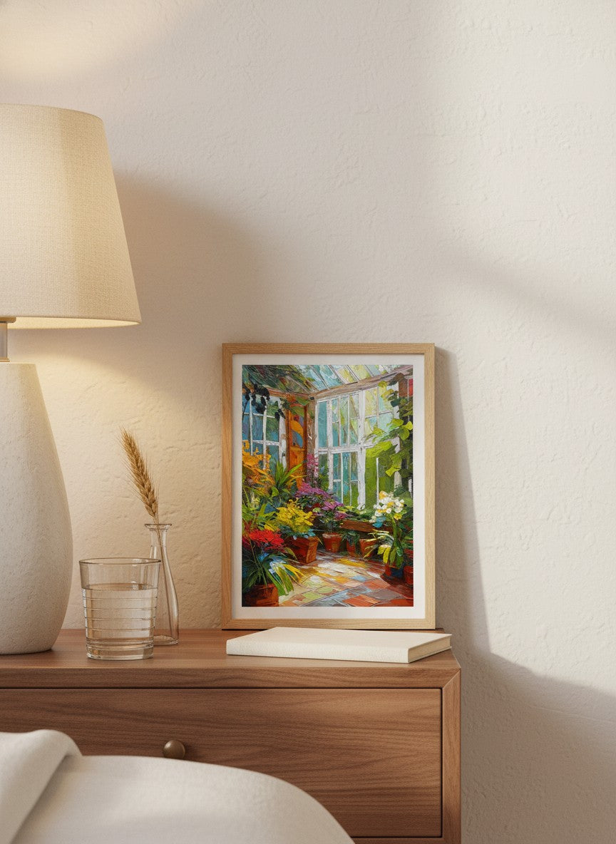 Colorful Greenhouse Conservatory Painting art print shown in a small bedside oak setting