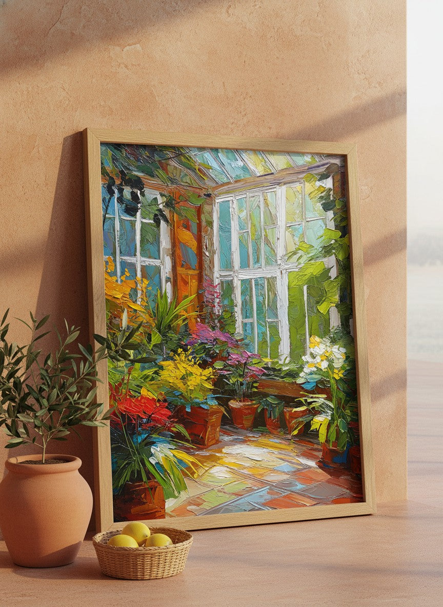 Colorful Greenhouse Conservatory Painting art print shown in a terracotta rustic setting