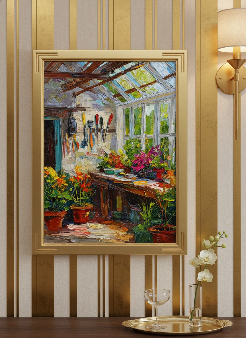 Impressionist Greenhouse Interior Art art print shown in a art deco geometric setting