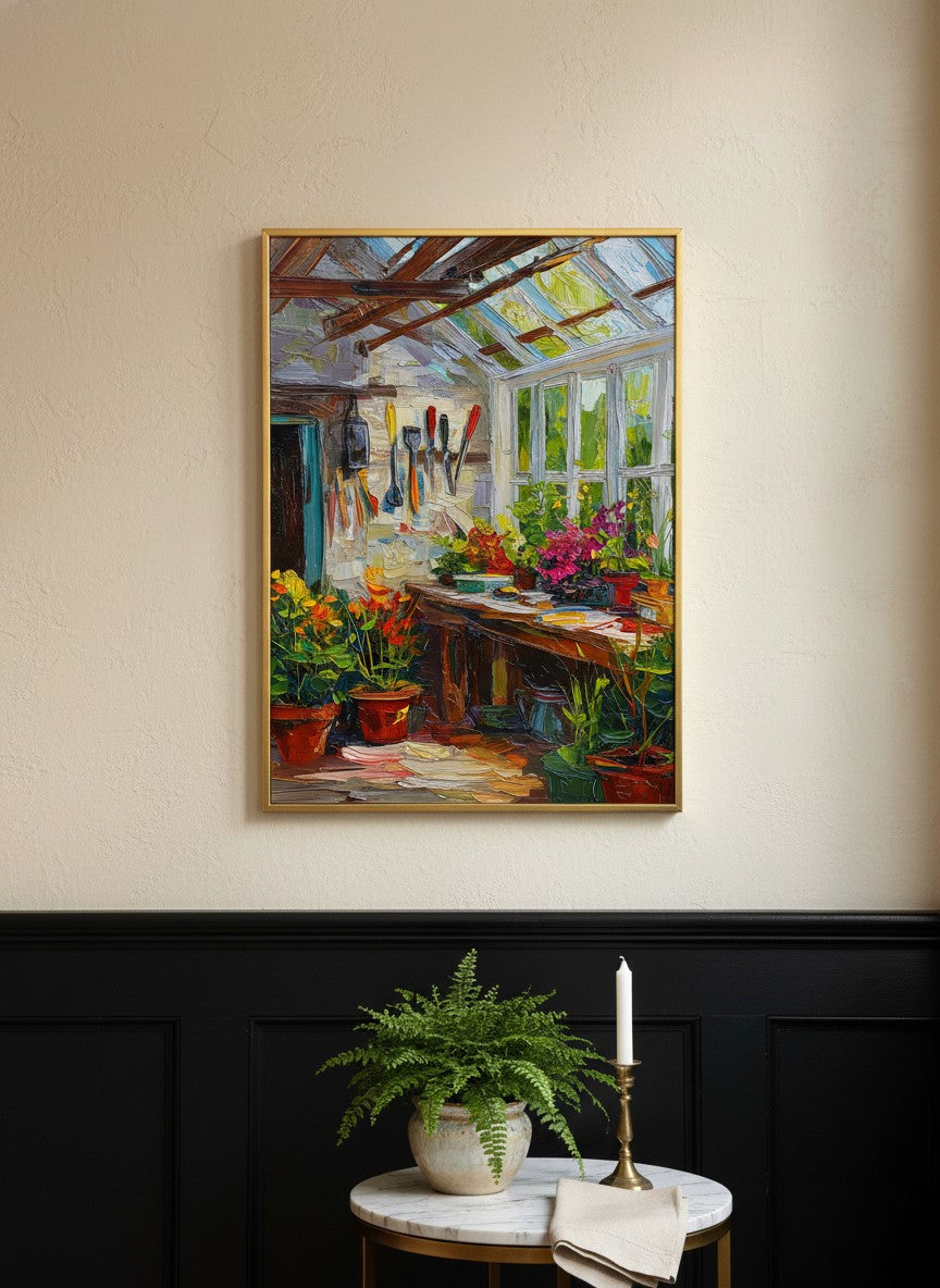 Impressionist Greenhouse Interior Art art print shown in a black wainscoting gold setting