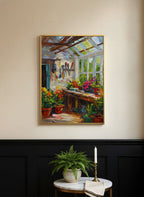 Impressionist Greenhouse Interior Art art print shown in a black wainscoting gold setting