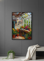Impressionist Greenhouse Interior Art art print shown in a charcoal minimal black setting