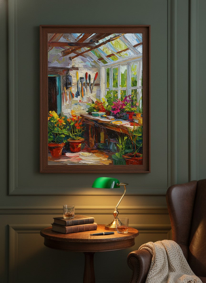 Impressionist Greenhouse Interior Art art print shown in a dark olive study setting