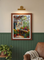 Impressionist Greenhouse Interior Art art print shown in a forest green walnut setting