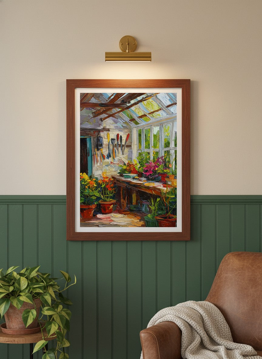 Impressionist Greenhouse Interior Art art print shown in a forest green walnut setting