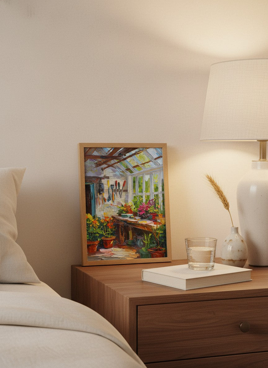 Impressionist Greenhouse Interior Art art print shown in a small bedside oak setting