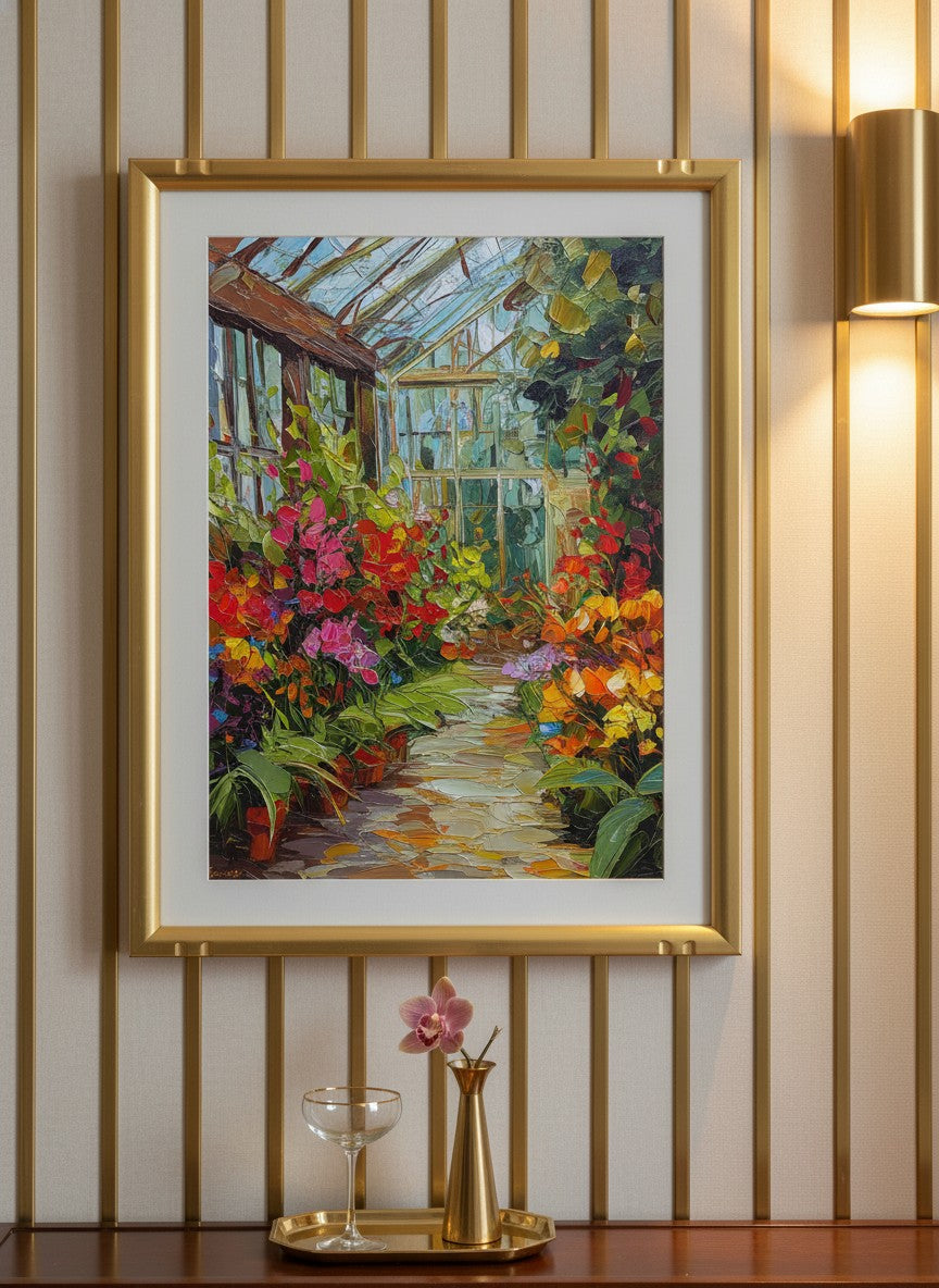 Colorful Greenhouse Floral Painting art print shown in a art deco geometric setting