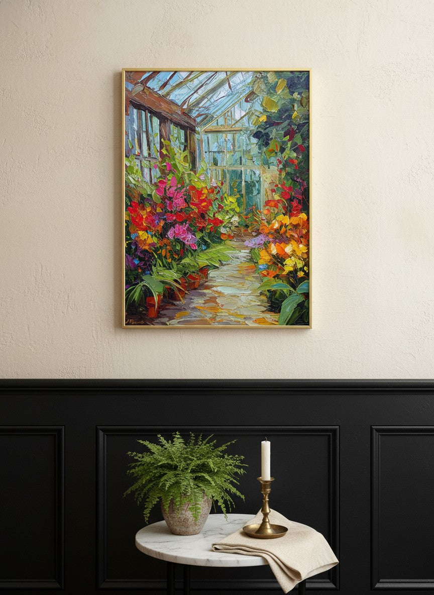 Colorful Greenhouse Floral Painting art print shown in a black wainscoting gold setting